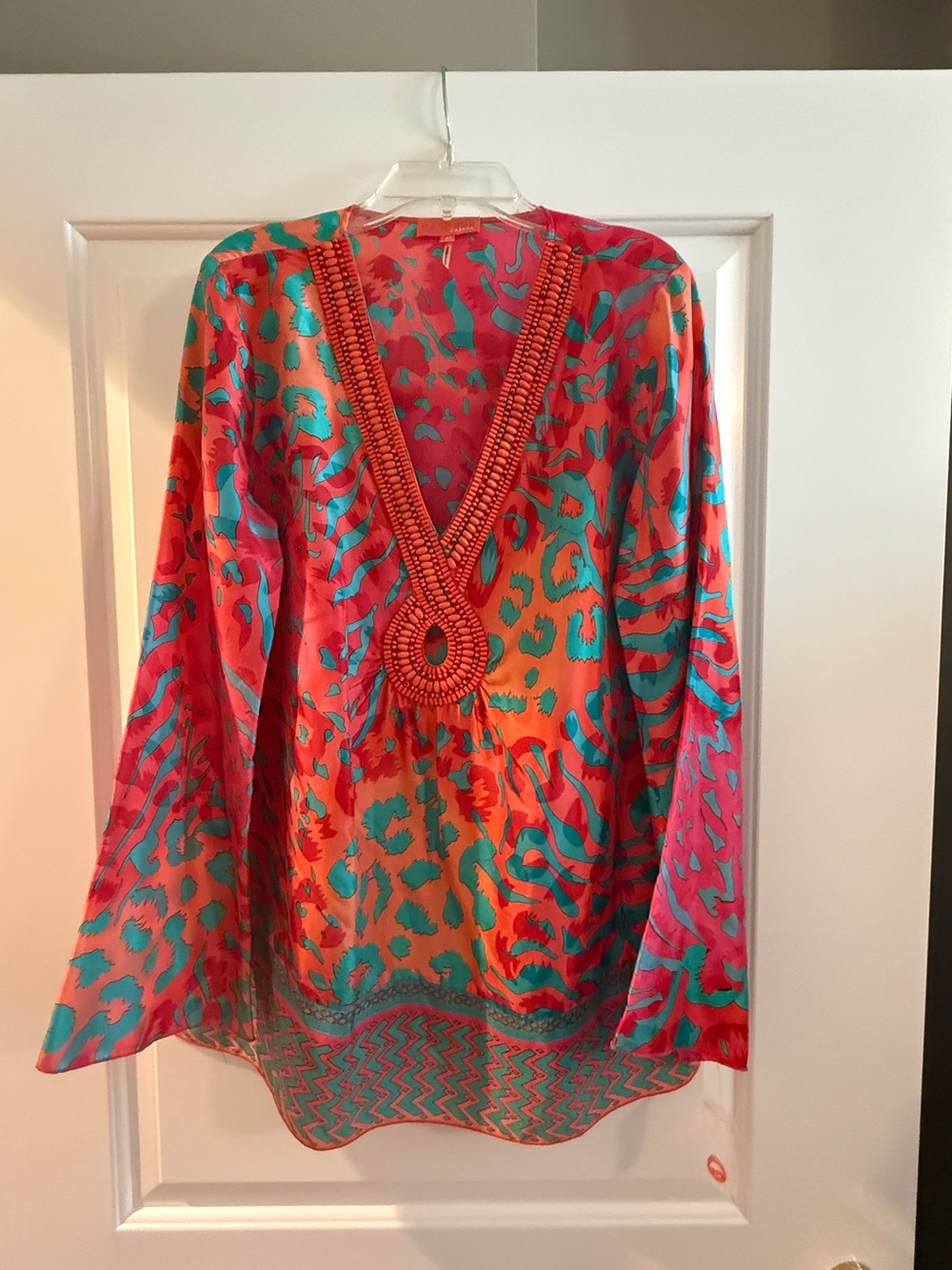 Hale Bob Beaded V-Neck Tunic in Coral, Turquoise, Pink